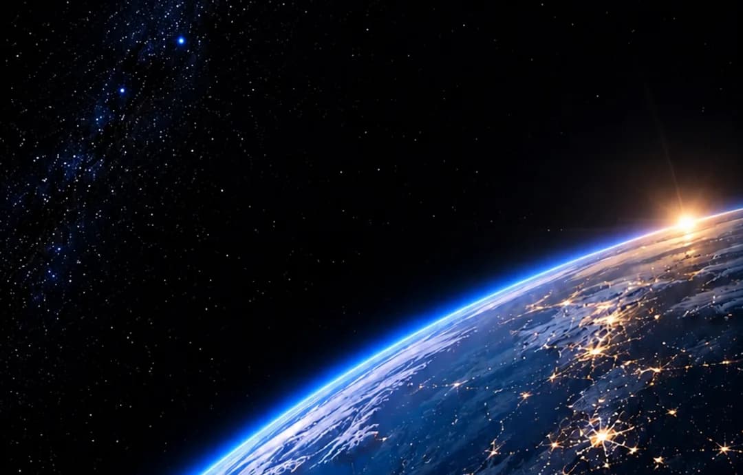 Earth from orbit at night, city lights strung across the continents.