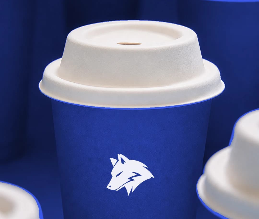 A blue takeaway cup carrying the Arif Kuru mark.